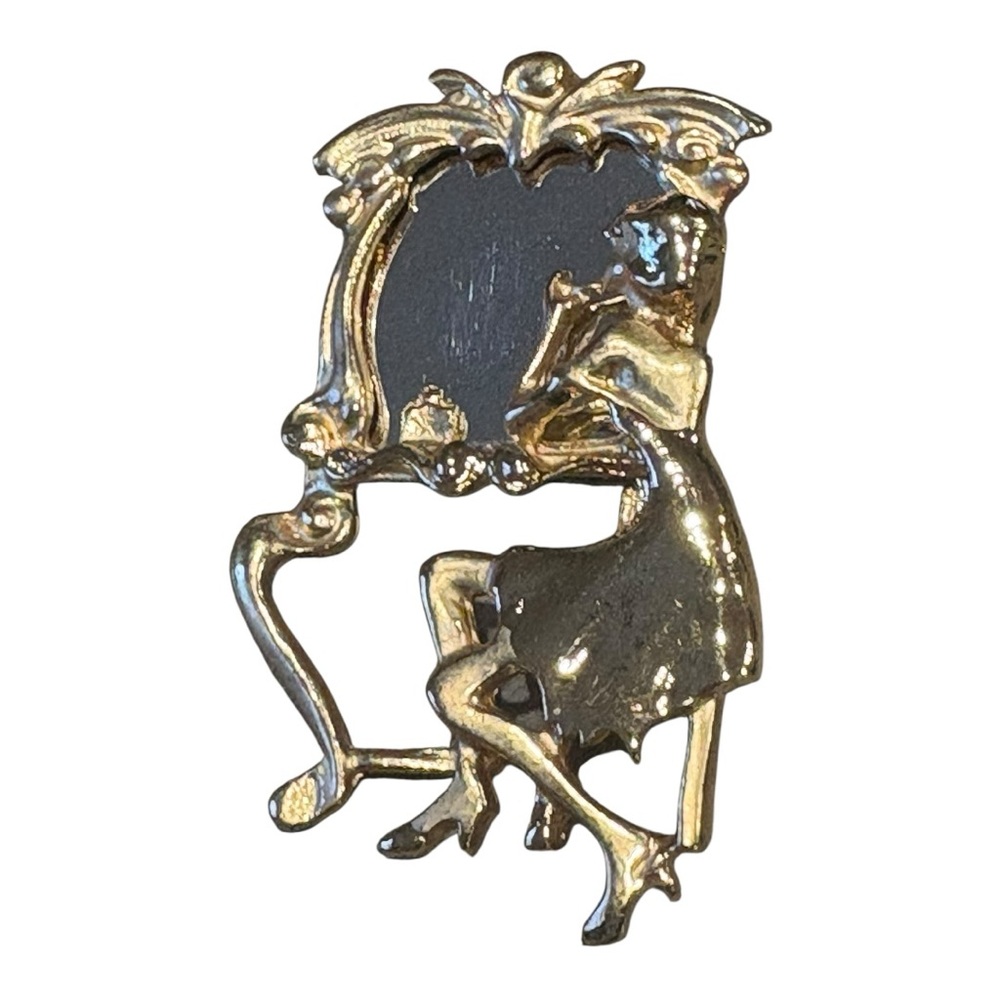 Vintage Lady Vanity Mirror Brooch Gold Tone Figural Statement J41